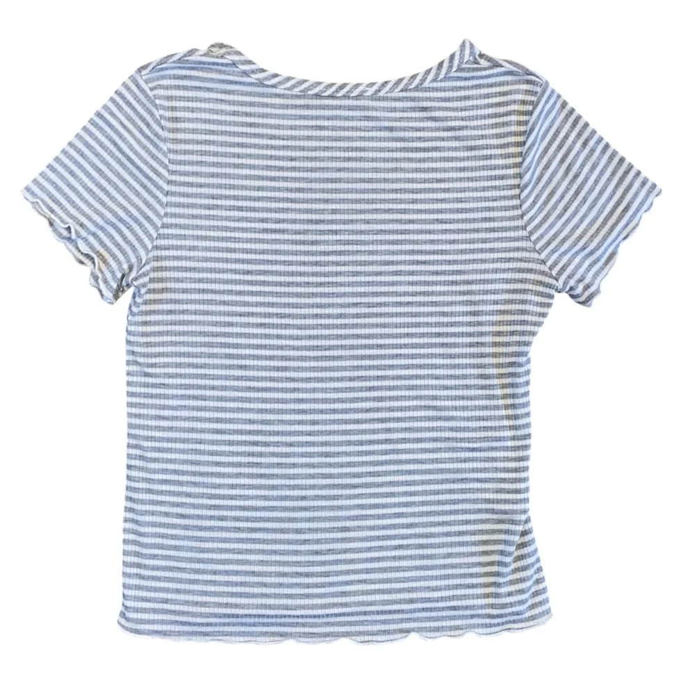 Olivia Rae Blue & White Striped Lettuce Hem Tee – Size L - Picture 3 of 3